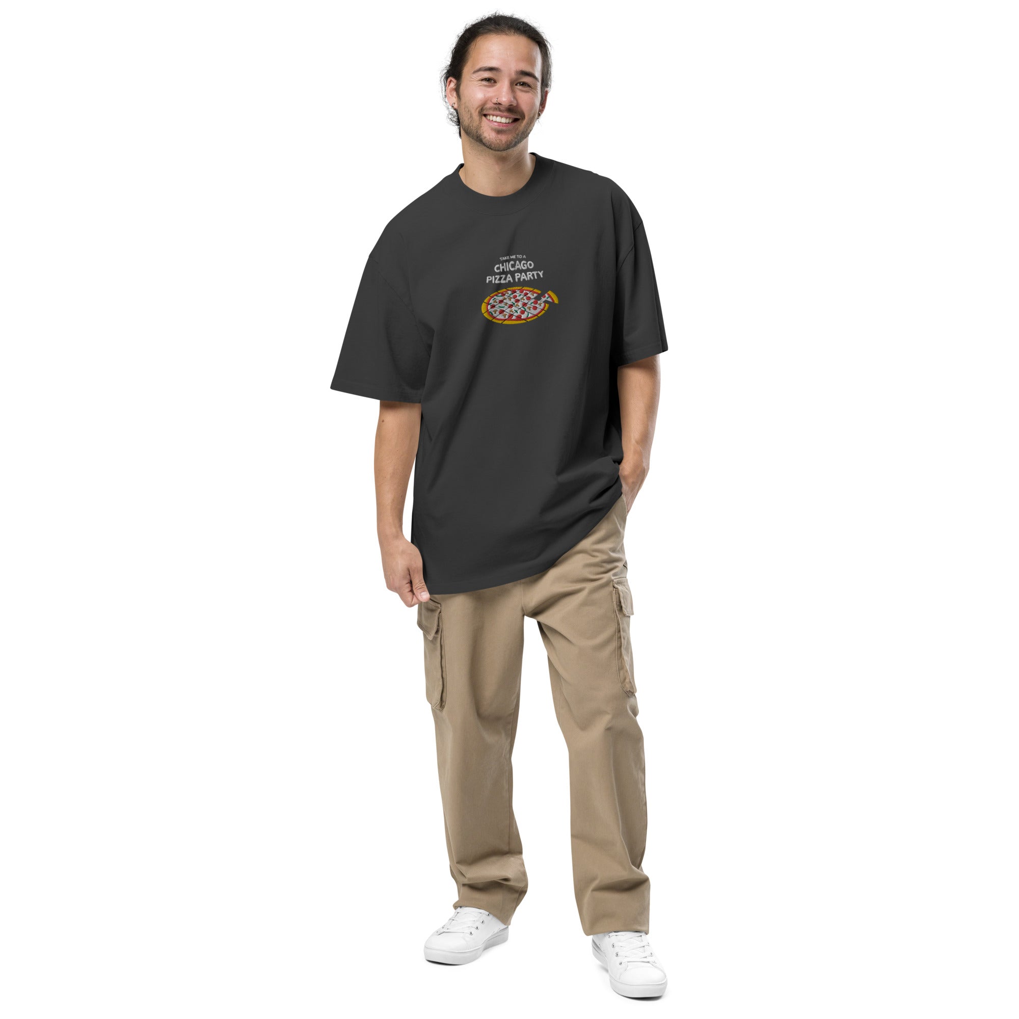 Chicago Tavern Pizza Party - Unisex Embroidered Oversized Faded T-shirt